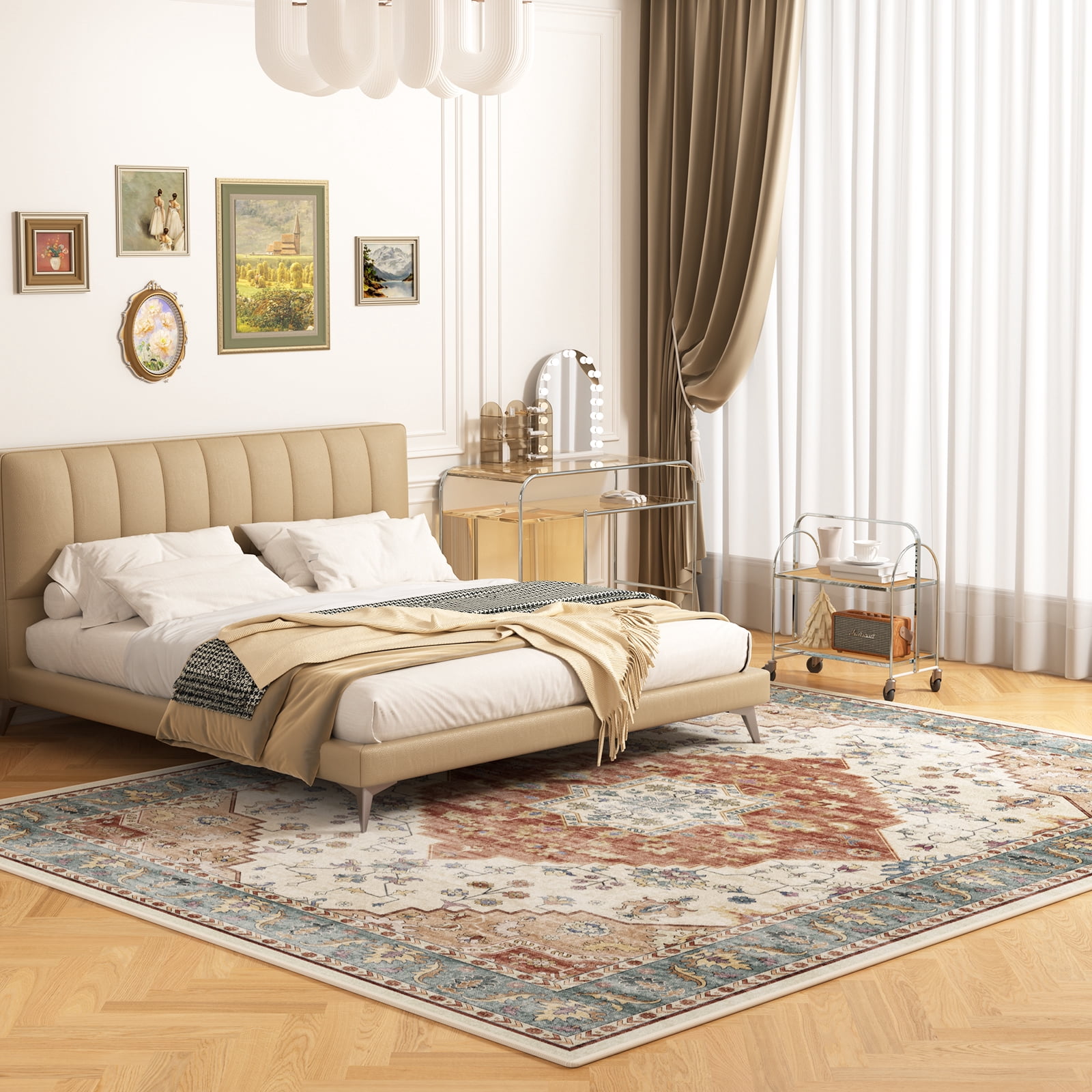 Washable Area Rug for Living Room, NovDeco 9'x12' Non-Slip Vintage Print Persian Indoor Rug, Stain Resistant Carpet for Bedroom, Kitchen, Brick Red