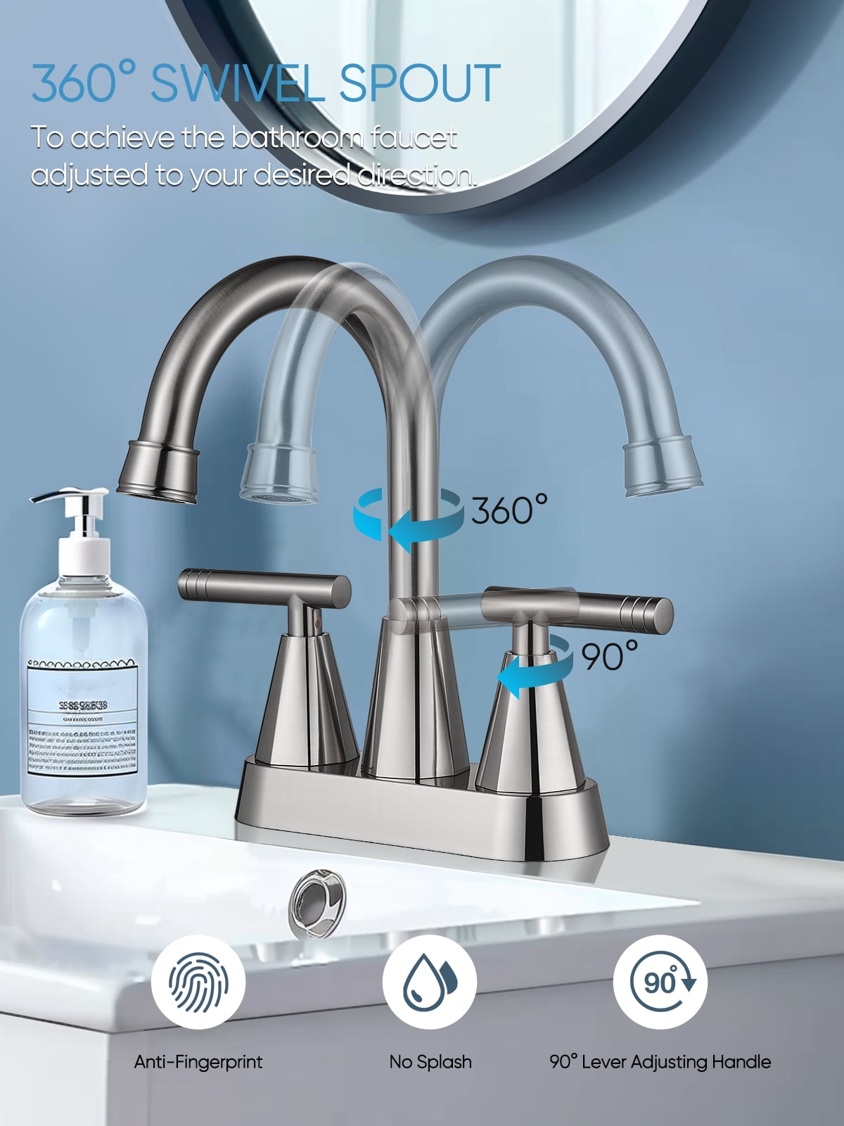 4-inch Bathroom Faucet with Pop up Drain and Two Supply Hoses, Lead-Free Stainless Steel 2-Handle Centerset Faucet for Vanity, RV Brushed Nickel