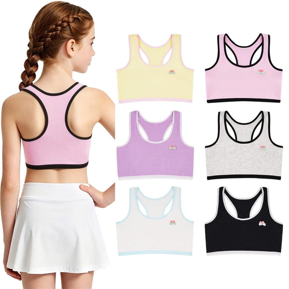 Cotton Racerback Sports Bras Girls 7-14 No Pads Double Lined Chest Training Bra 6 Pack for Gym and School