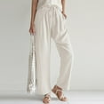 thumbnail image 2 of Travel Outfits Women Airport High Waisted Pants For Women 2024 Linen Drawstring Pants Summer Lightweight Straight Leg Baggy Dress for Yoga Work Casual Short Pant Suits White L, 2 of 5