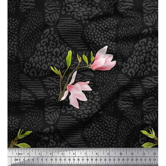 Soimoi Cotton Duck Fabric Animal Skin,Leaves & Pink Flower Print Fabric by the Yard 42 Inch Wide