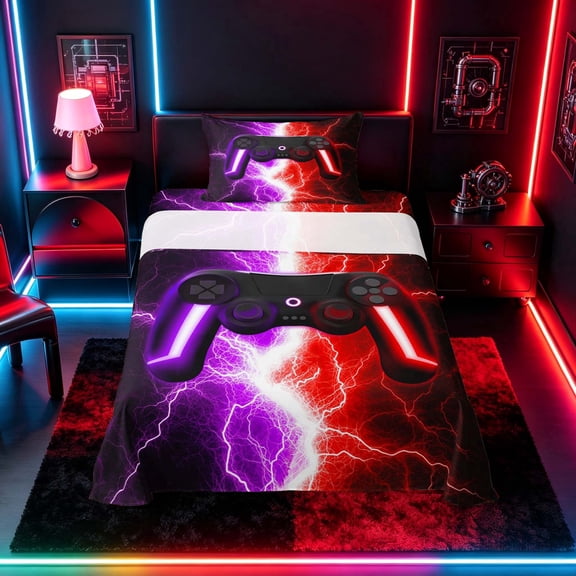 meiyoeat Neon Lightning Gaming Twin Sheet Sets for Boys Girls, Electric Gamer Bedding, Purple Red, 3-Piece, 1 Flat Sheet, 1 Fitted Sheet and 1 Pillowcase