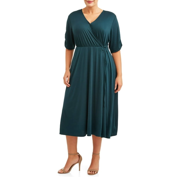 Terra & Sky Women's Plus Size Midi Faux Wrap Dress - Walmart.com