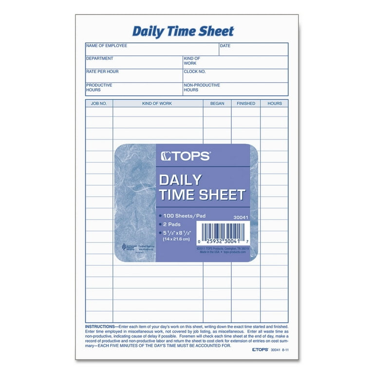 Daily Time and Job Sheets, One-Part (No Copies), 8.5 x 5.5, 200 Forms/Pad, 2 Pads/Pack Daily Time and Job Sheets, One-Part (No Copies), 8.5 x 5.5, 200 Forms/Pad, 2 Pads/Pack