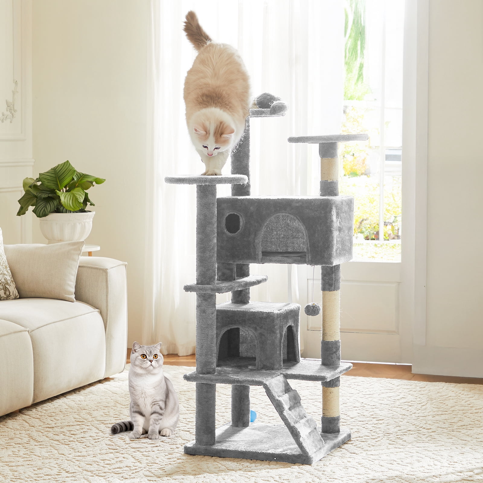 MCQ 54" Cat Tree Tower Multi-level with Scratching Post, Large Condo for Indoor, Light Gray