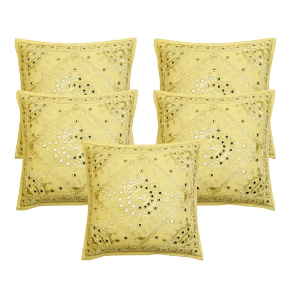Stylo Culture Ethnic Sofa Throw Pillow Covers 16x16 Hand Embroidered Mustard Yellow Bohemian 40x40 cm Home Decor Cotton Mirrored Square Cushion Covers | Set Of 5