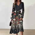 thumbnail image 2 of Women's Autumn Winter Casual Fashion V-Neck Long-sleeved Floral Print Long Dress, Navy Blue, Size S, 2 of 5