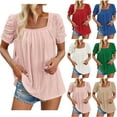 thumbnail image 1 of Fanxing T-Shirts à Manches Courtes pour Femmes Hauts Plissés à Illets Mode Tunique Col Carré Blouses Bleues,L, 1 of 7