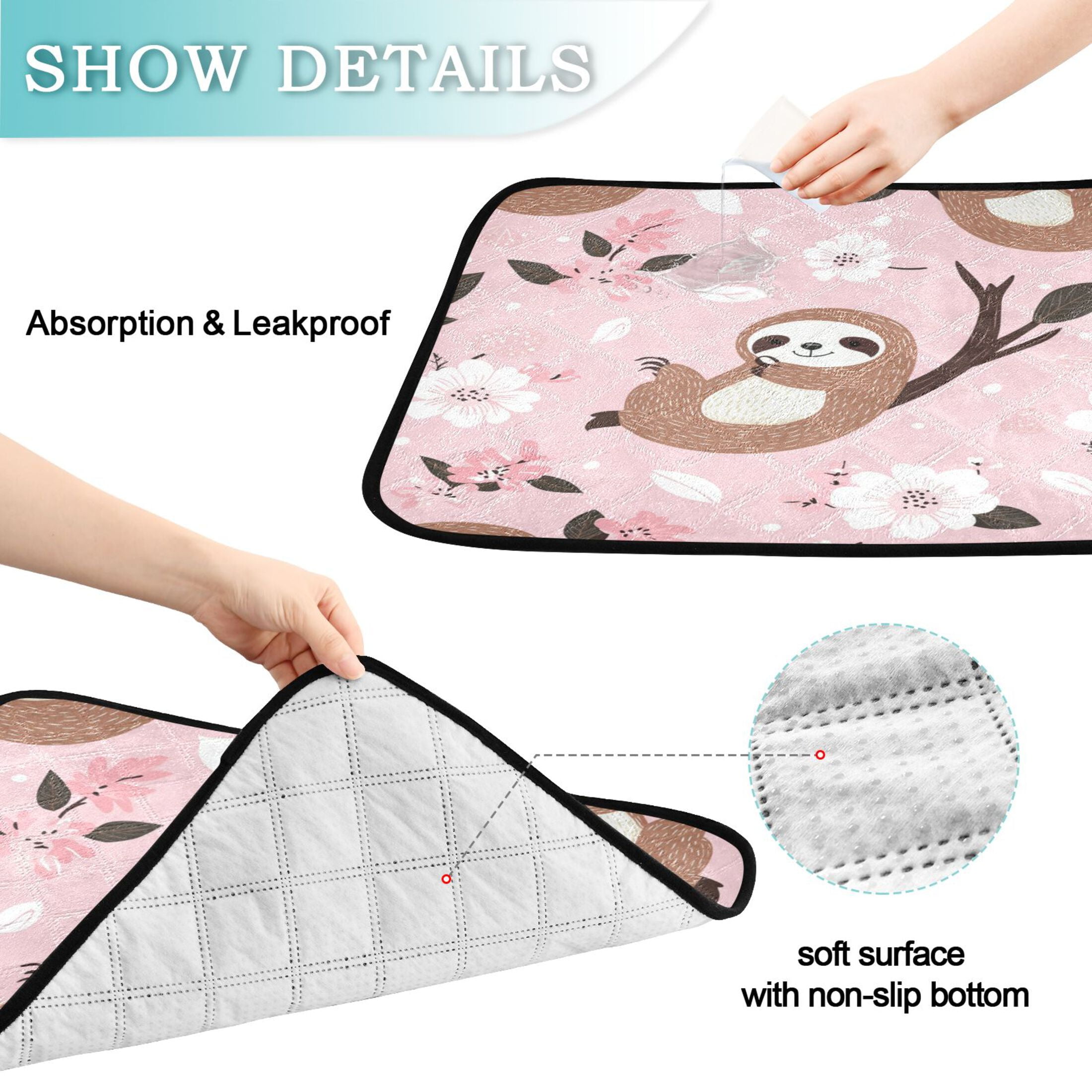 Qxltty Cute Sloth Pattern with White Floral Accents Cat litter Pads Pet Set of 2 Diaper Mats Center Anti-leakage Layer Absorbent Soft and Comfortable