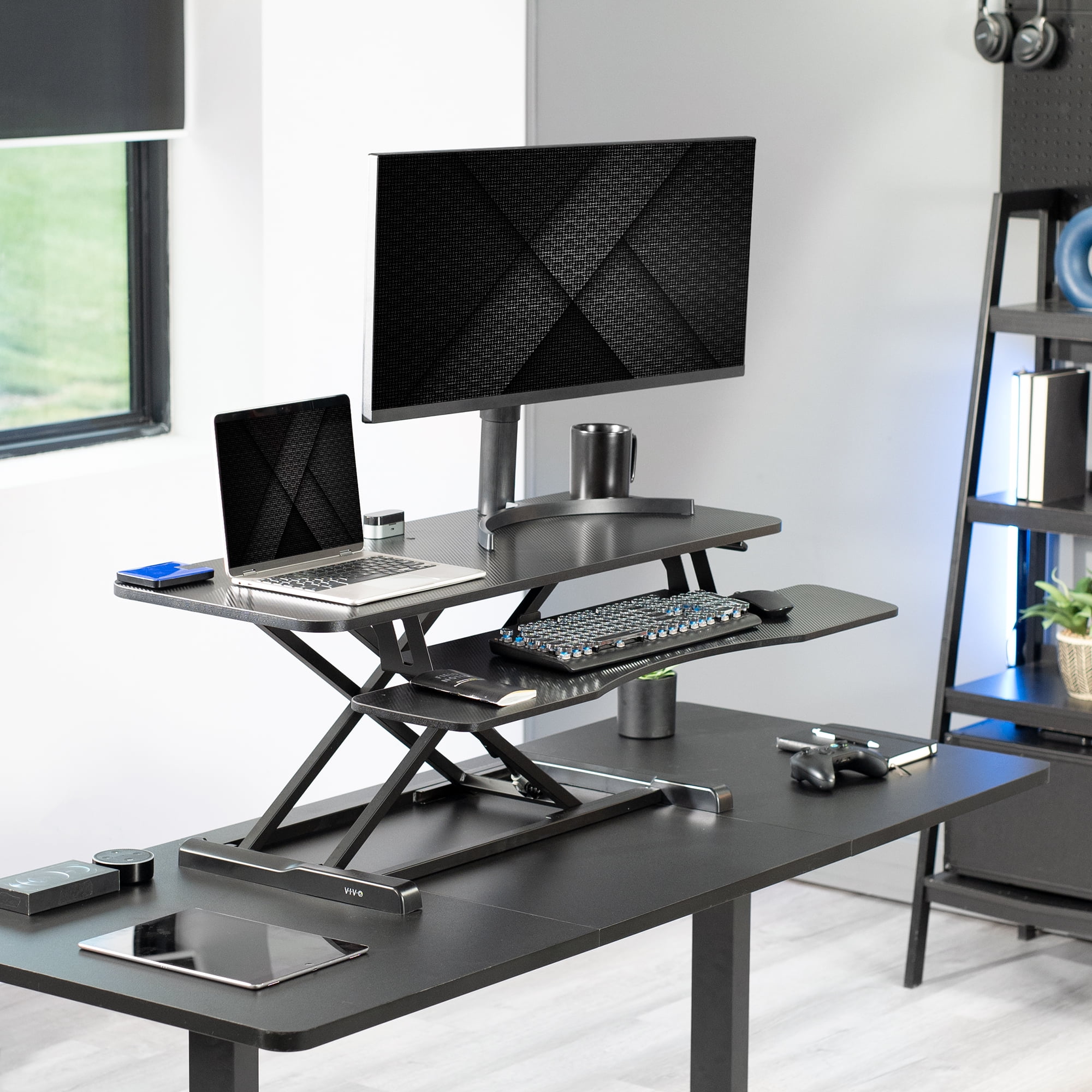 VIVO Black Carbon Fiber Height Adjustable 42" Standing Desk Monitor Riser