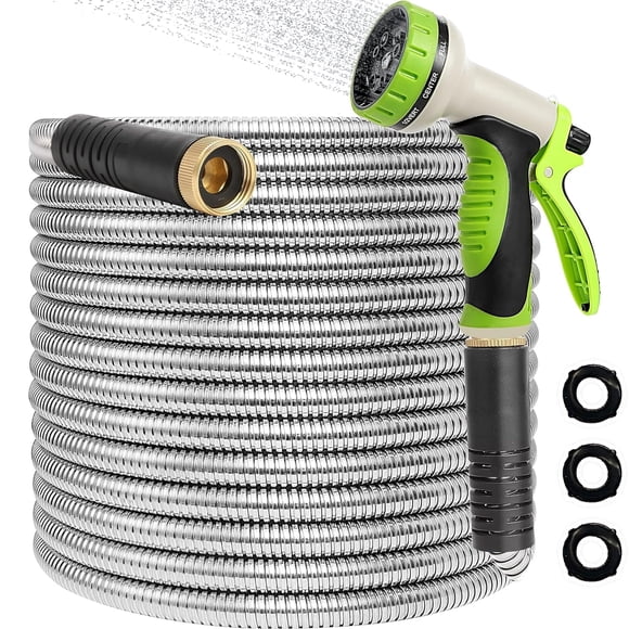 Kidsjoy Professional 50ft Stainless Steel Garden Water Pipe - No-Kink, No-Tangle with 10-Function Nozzle, Heavy Duty 150psi Max