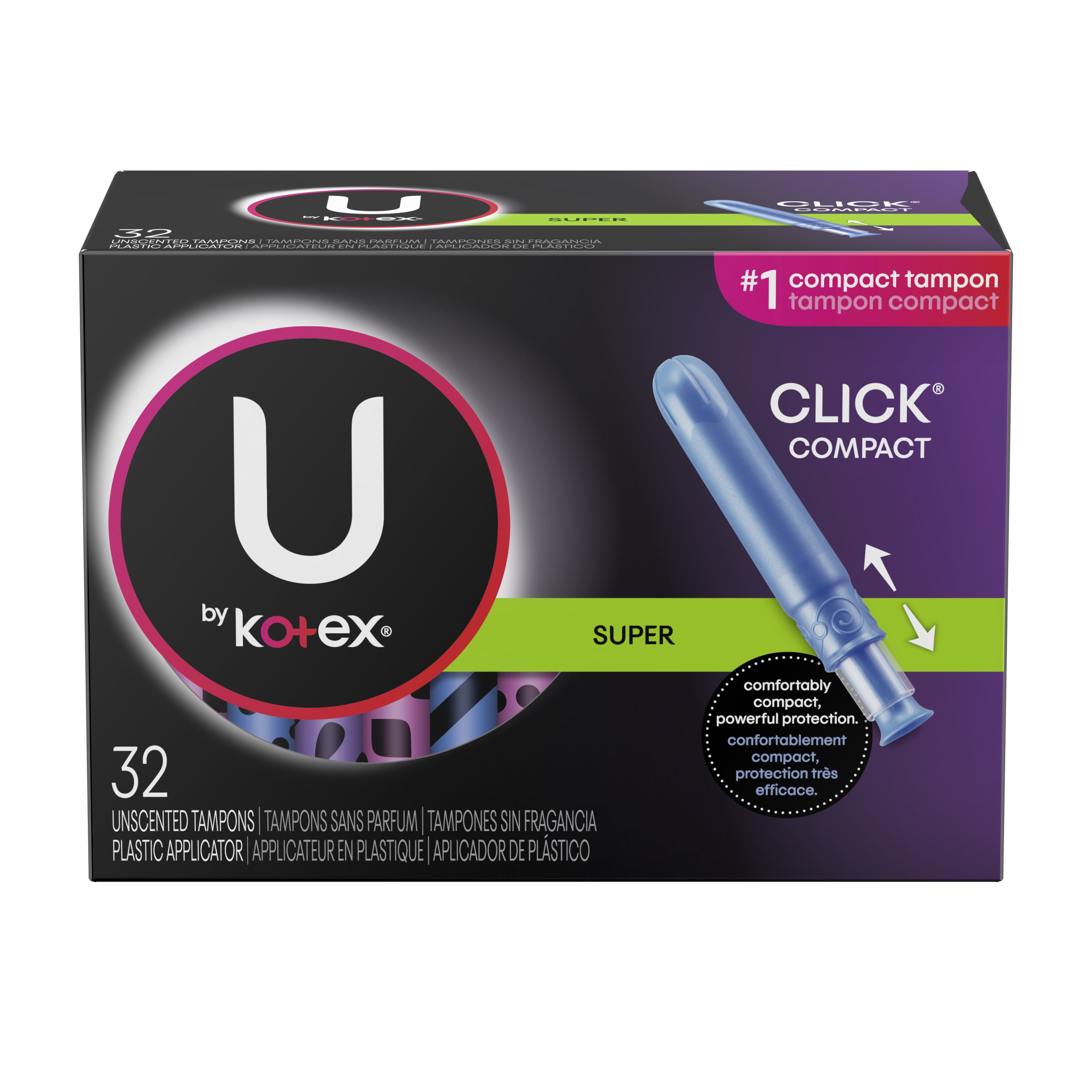 U by Kotex Click Compact Tampons, Super Absorbency, Unscented, 32 Count