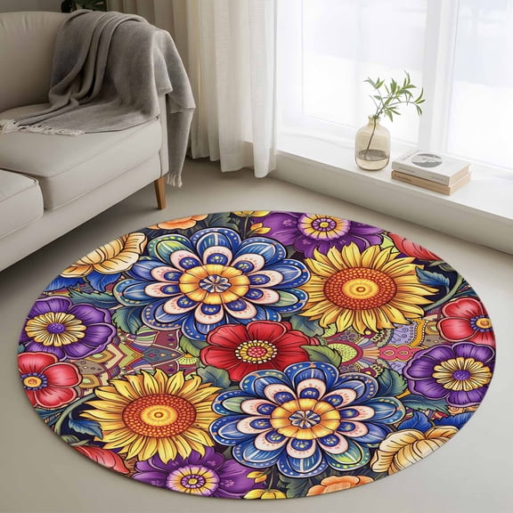 Round Rugs 3Ft, Boho Blue Flower Round Area Rug Washable Indoor Throw Carpet, Spring Bohemia Chic Red Yellow Floral Small Non Slip Circle Rug for Bedroom Living Room Home Decor Aesthetic