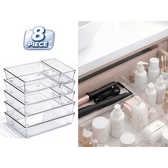 8 Pack Clear Drawer Organizer Bins, Large Acrylic Storage Trays for Bathroom & Kitchen, Heavy Duty Non-Slip Dividers for Utensils, Makeup & Office