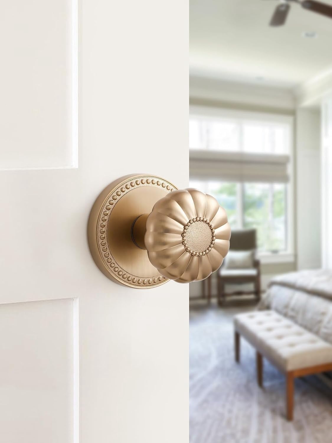 1 Pack Champagne Bronze Door Knobs Passage Door Knobs Interior Satin Brass Door Knob for Hall and Closet,Zinc Alloy
