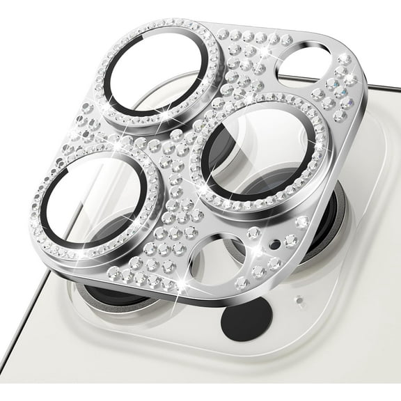 Camera Lens Protector for iPhone 15 Pro Max/iPhone 15 Pro, Bling Diamond iPhone 15 Pro/iPhone 15 Pro Max Camera Lens Cover Protector with 9H Tempered Glass - Diamond Silver