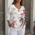 thumbnail image 3 of Xoenoiee Leopard Cherry Blossom Cloud Print Linen Shirts for Women 3/4 Sleeve Button Down Blouses V Neck Casual Loose Fit Cotton Linen Clothes Summer Tops, 4XL, 3 of 7