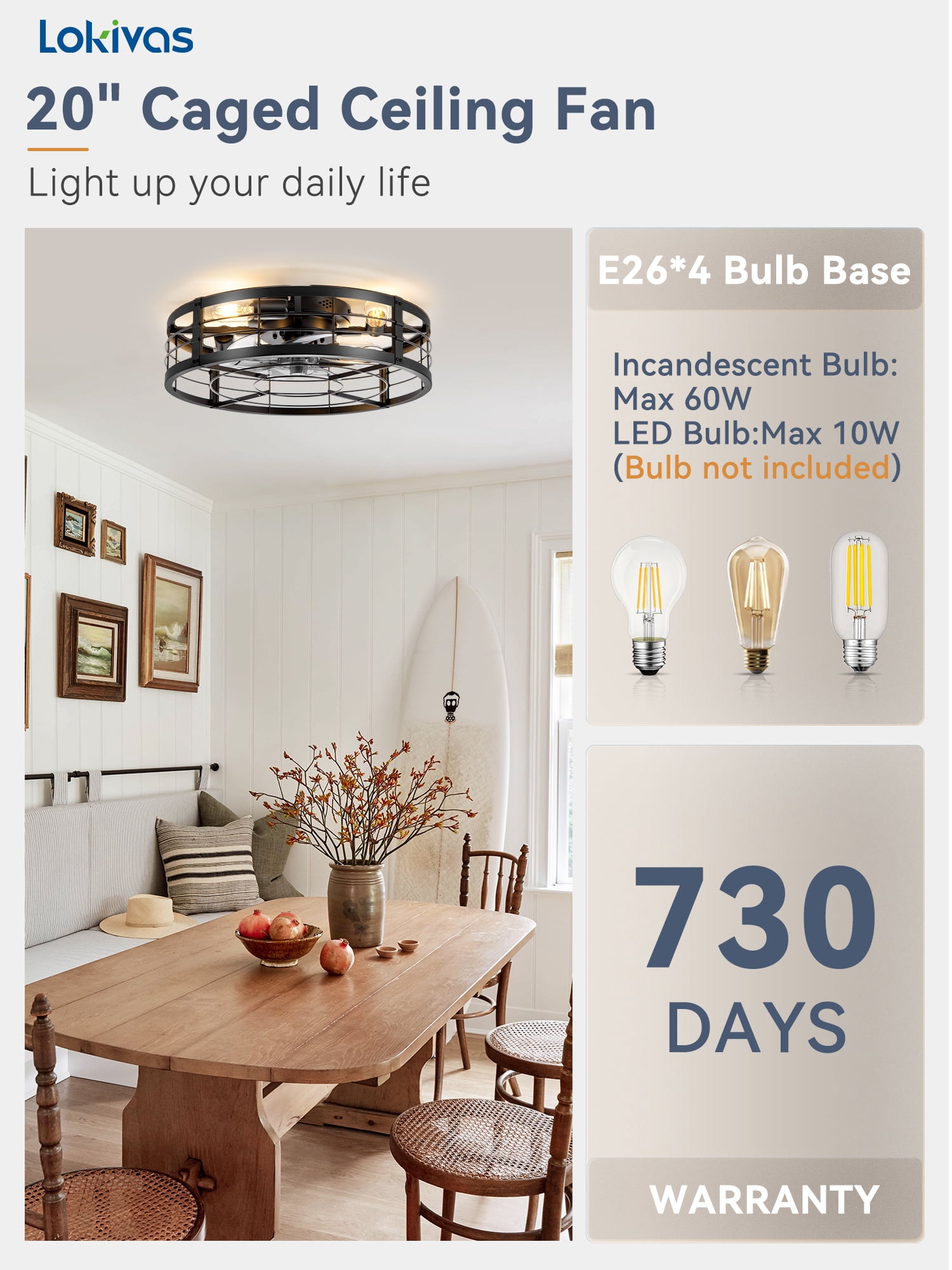 Lokivas 20in Flush Mount Ceiling Fans with Light, Quiet DC Motor, 6 Speeds & Remote Control