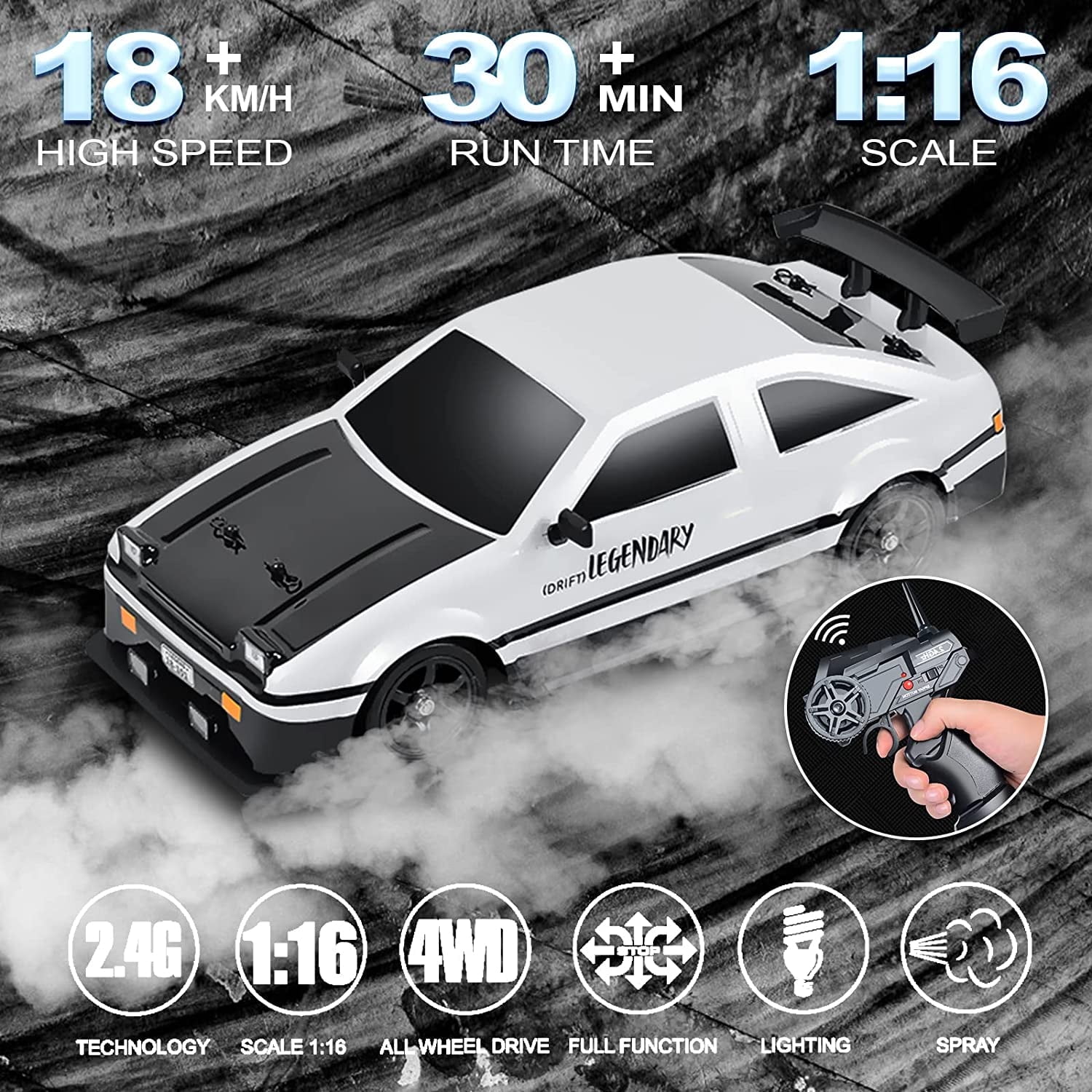 High Speed RC Drift Car for Boys, 2.4GHz 1:16 Scale 4WD 18KM/H Radio Control Cars with LED Lights, White