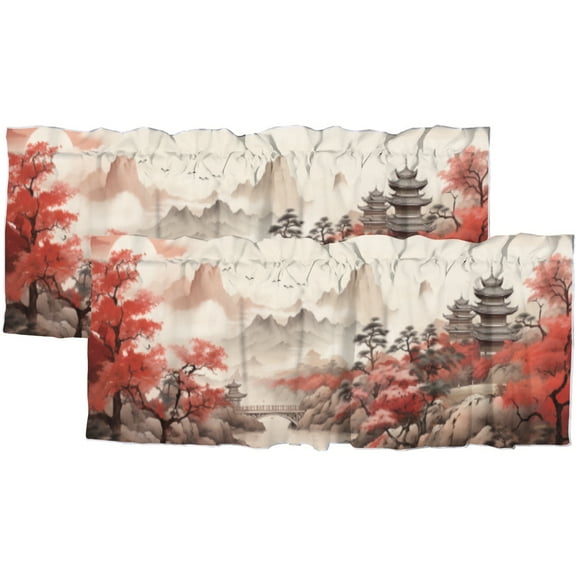 Red Flower Cherry Blossoms Window Curtain Valance Rustic Floral Chinese Style Ink Painting Rod Pocket Window Valance for Living Room Bathroom Bedroom Kitchen 54 by 18 in, 2 Panel