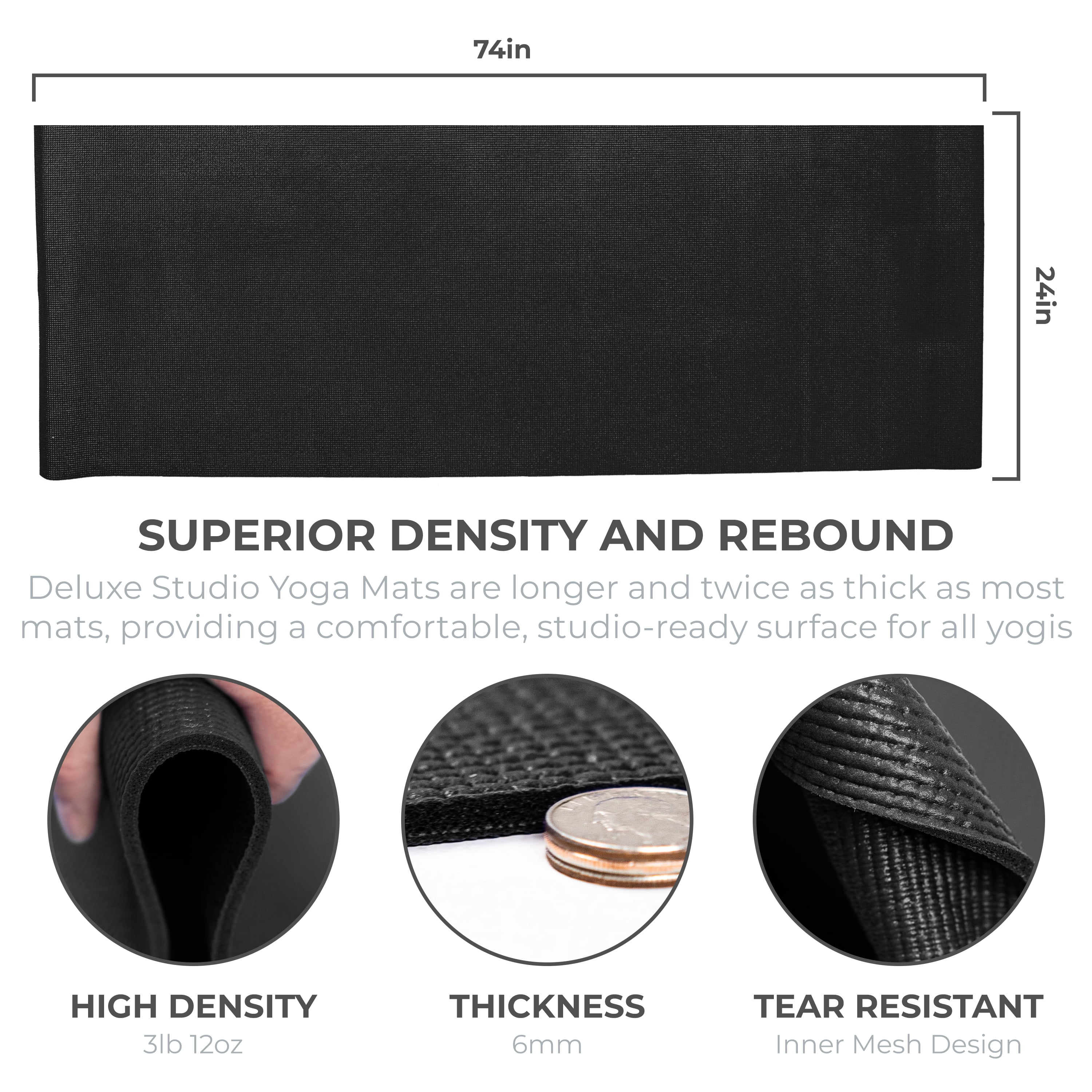 Sunshine Yoga - Deluxe Extra Thick Yoga Mats - Wholesale 10-Pack - (74" x 24" x 6mm - Extra Long 74", Thick 6mm, Non-Slip - Durable (Black)