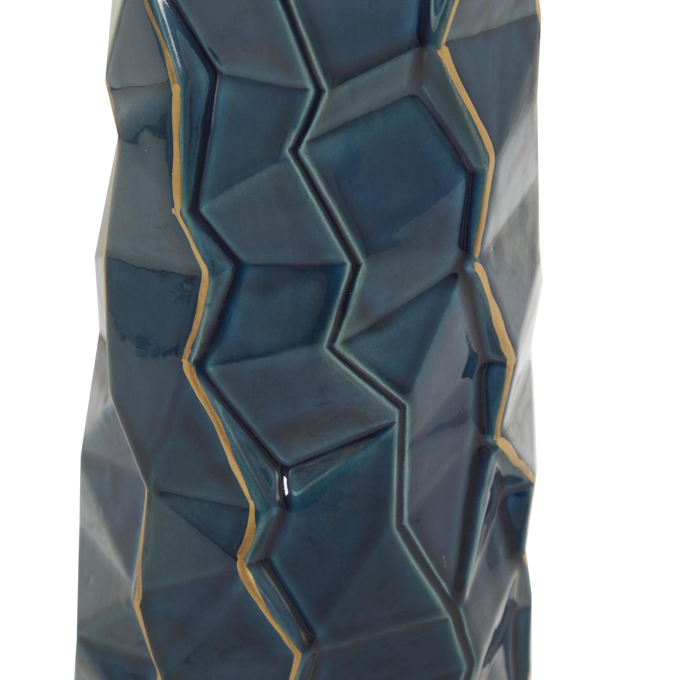 DecMode 21" Geometric Floor Teal Ceramic Vase with Gold Accents
