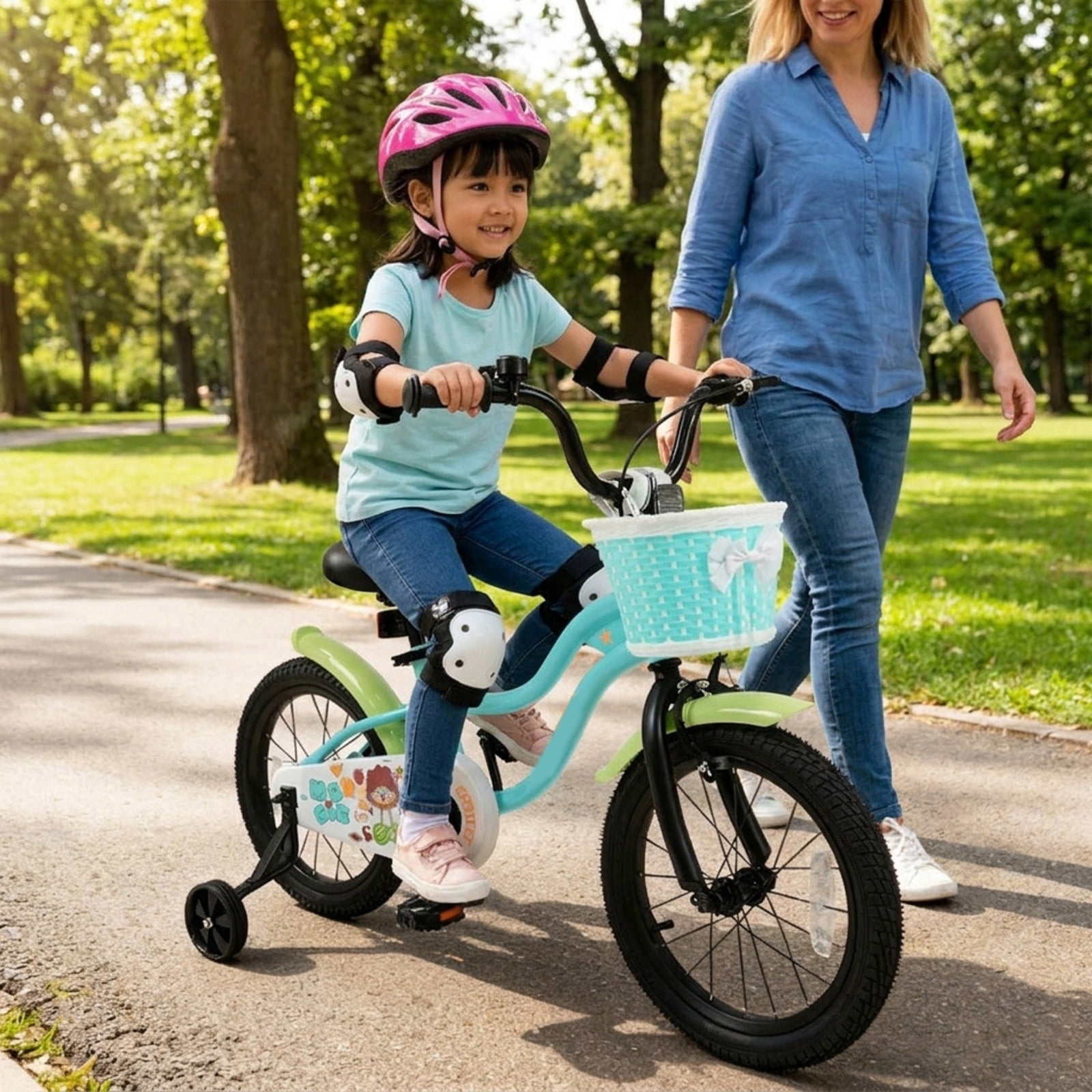 Redsmile Kids Bike 12 Inch with Training Wheels and Basket for Boys Girls Ages 3-4, Toddler Bicycle with Adjustable Seat, Coaster Brake, Beginner Trainer Bike, Green