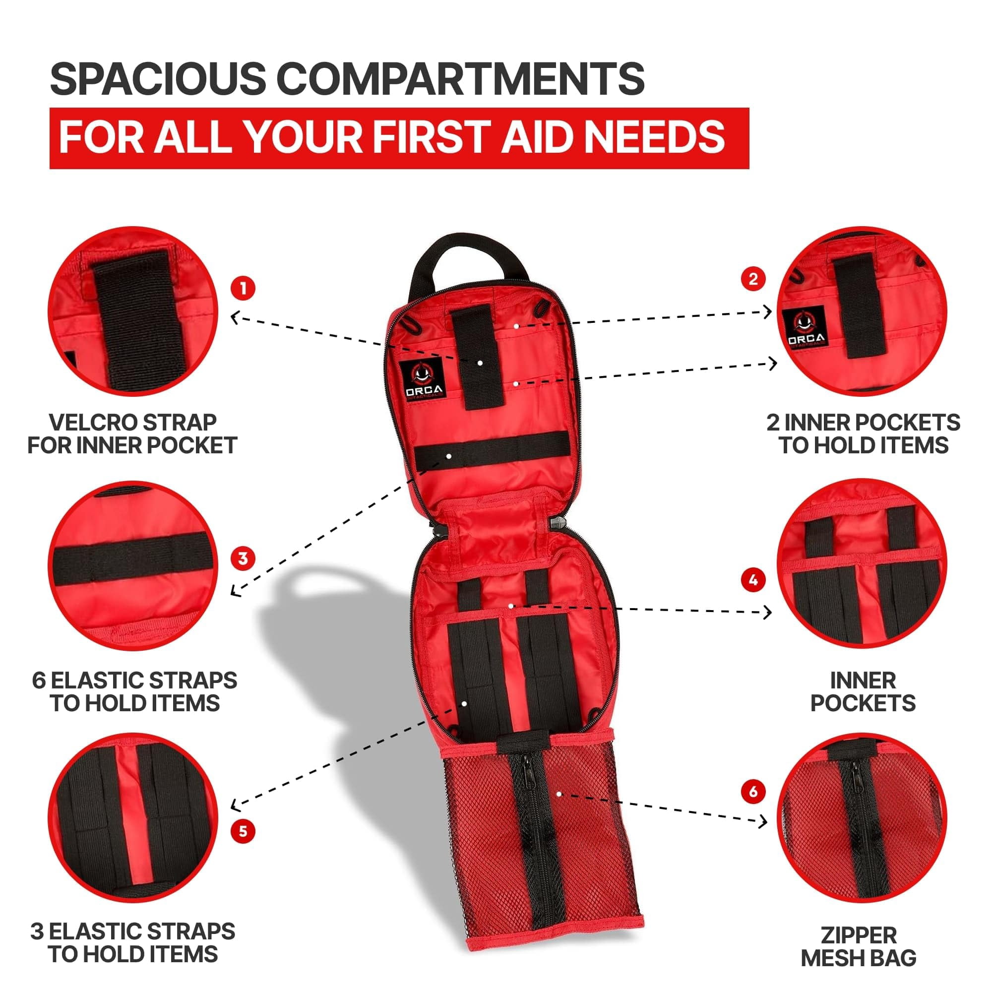 Universal Emergency First Aid Kit - Comprehensive 100+ Piece Medical Supplies with Portable Molle Pouch for Travel, Camping, and Outdoor Survival, Red