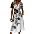 thumbnail image 5 of Women's V Neck Short Sleeve Dress Vintage Floral Print A Line Midi Casual Summer Outfit Flowy Lightweight Party Wear Vacation Going Out Chic Womens Dress Dark Gray L, 5 of 6