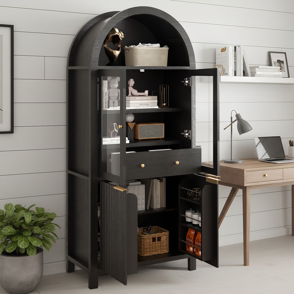 MIDOQIN  71" Tall Arched Bookcase, Farmhouse Display Cabinet with Adjustable Shelves, Hidden Drawer & Glass Door Bookshelf