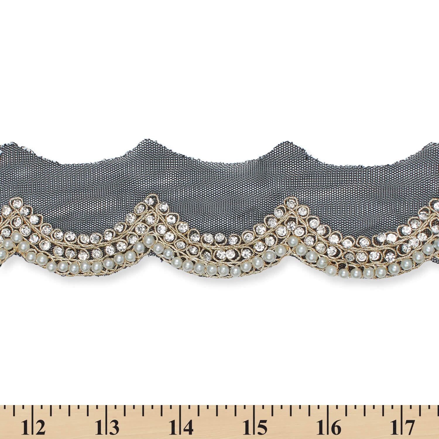 2 Inch Scalloped Regal Rhinestones Beads & Metallic Cording On Polyester Mesh Trim By The Yard For Sewing, Crafts, Decor, Or Upholstery - Black (1 Yard)
