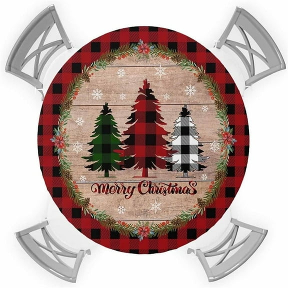 44in Christmas Tree Red Buffalo Plaid Xmas Snowflake Round Tablecloth
