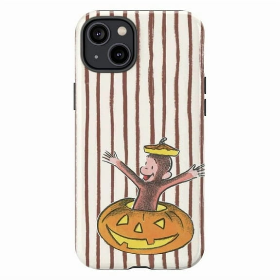 Cute Pumpkin Patch Curious Monkey Phone Case, Fall Halloween Jack-O'-Lantern Phone Cover for iPhone 16 15 14 13 12 11 Pro Max Plus Mini