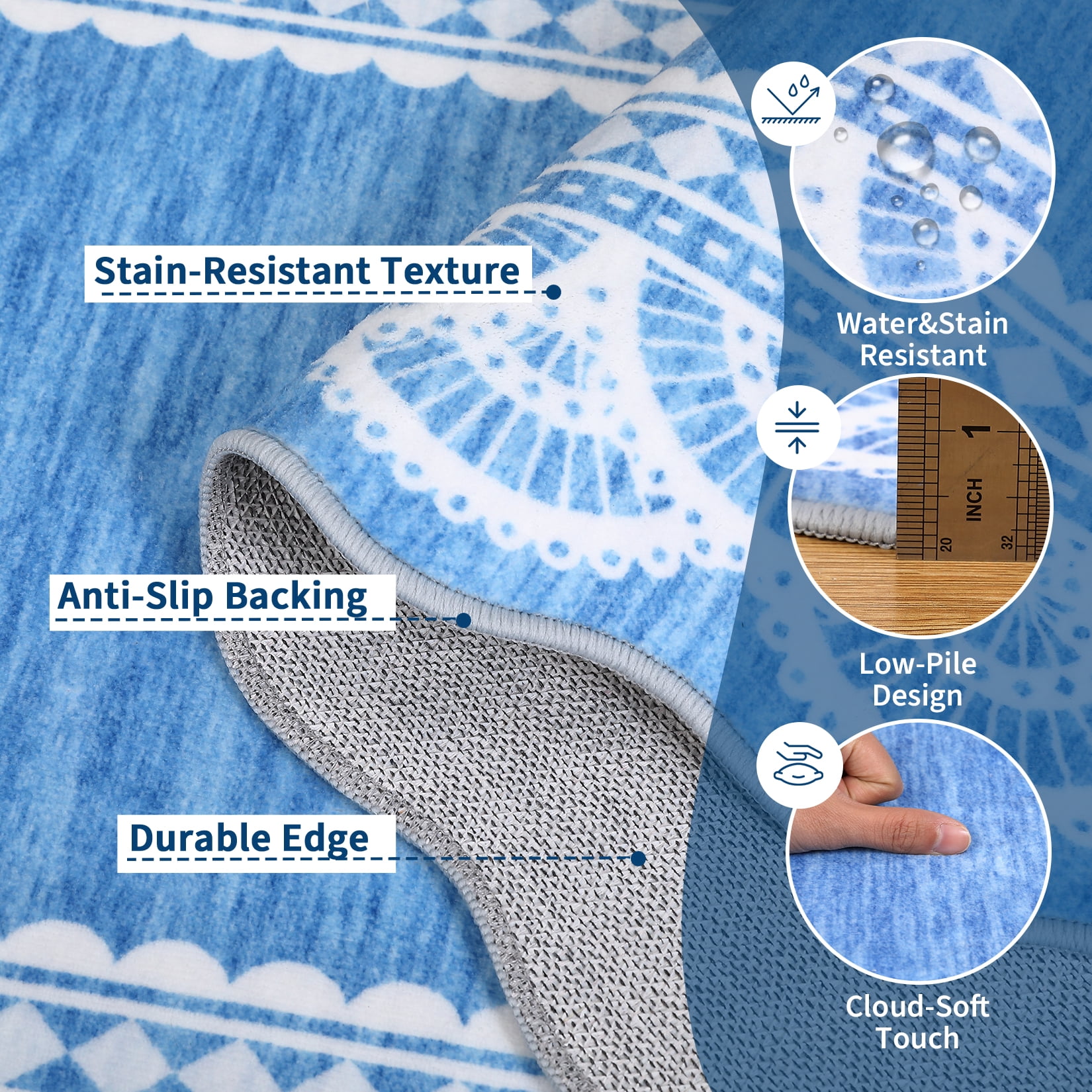 Garvee 8'x10' Scalloped Area Rug Modern Lace Edge Carpet, Washable Solid Rug Non-Slip Low Pile Indoor Mats for Living Room Bedroom Home Decor, Blue