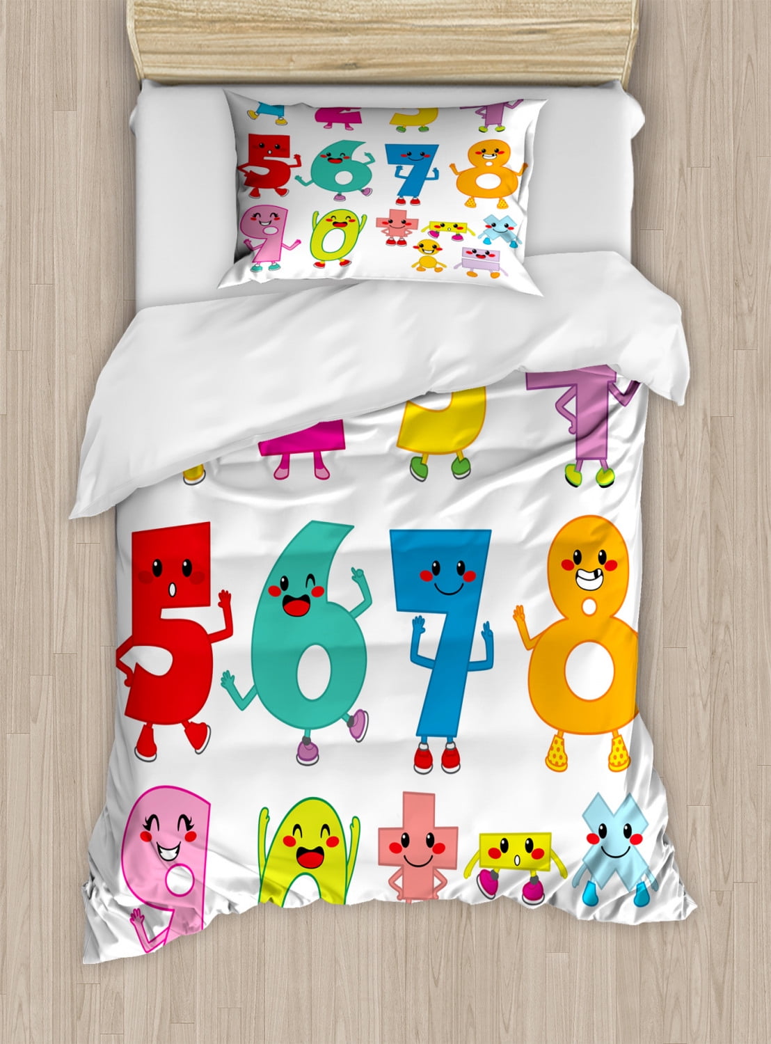 Number Twin Size Duvet Cover Set, Joyful Comic Numerals with