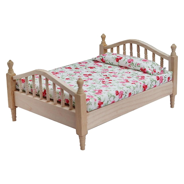 TISHITA 1/12 Scale Doll House Mini Double Bed Dollhouse Decoration DIY Photography Props