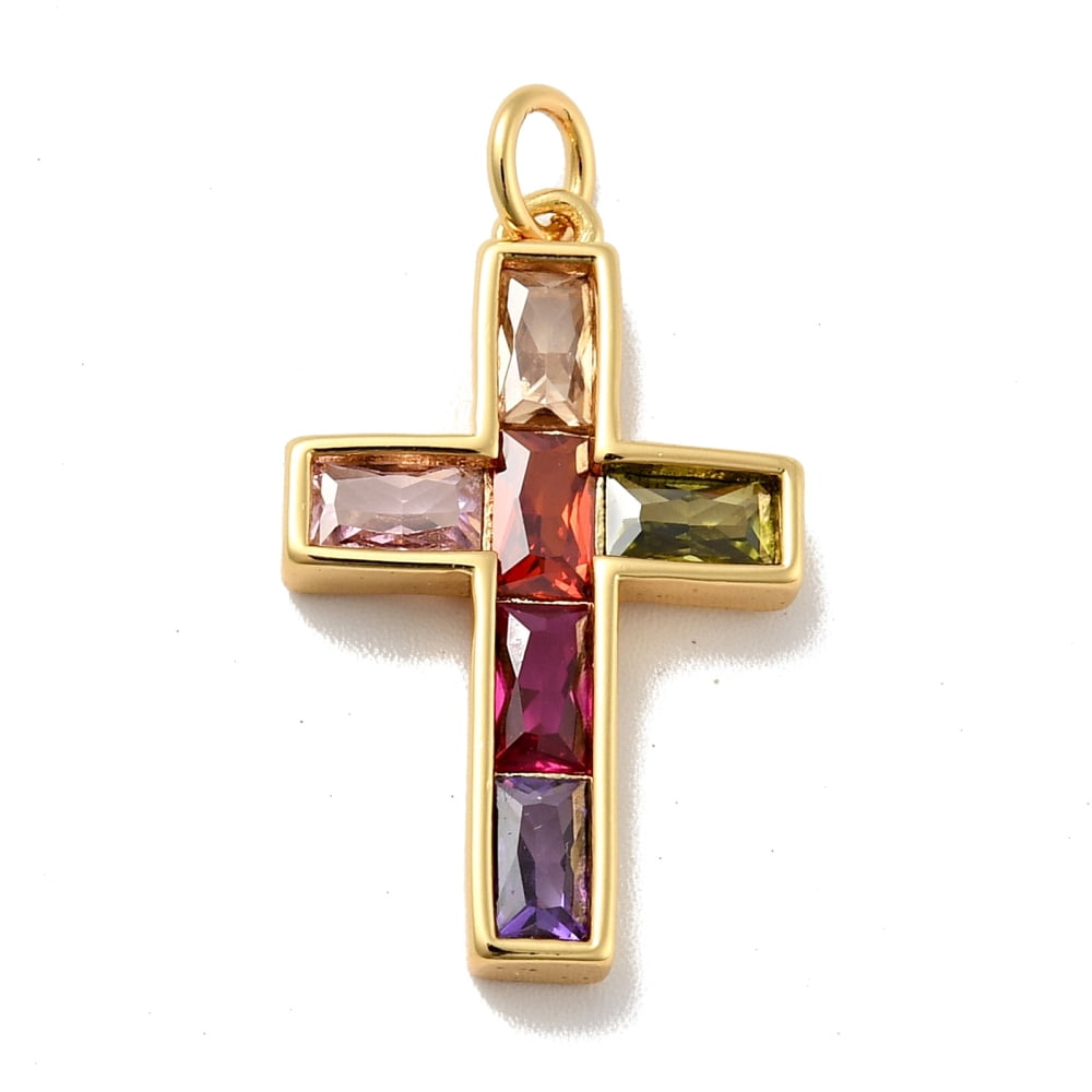 10 pc Brass Micro Pave Colorful Cubic Zirconia Pendants with Jump Rings Cadmium Free & Nickel Free & Lead Free 24.5x15x3mm Hole: 3.4mm