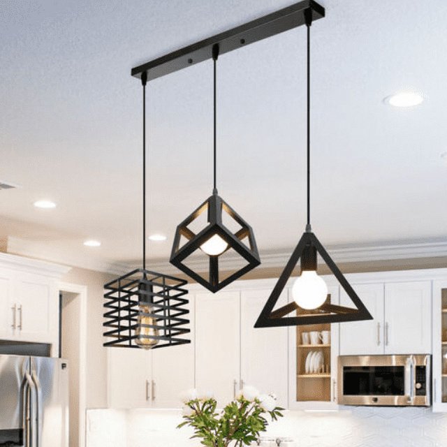 Lámpara colgante de metal negro de 3 luces con casquillo E27, estilo industrial geométrico elegante
