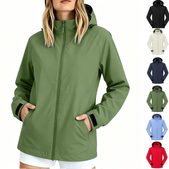 Tsivenald Ladies Outdoor Waterproof Jacket Hooded Jacket With Pockets, Green M-4XL