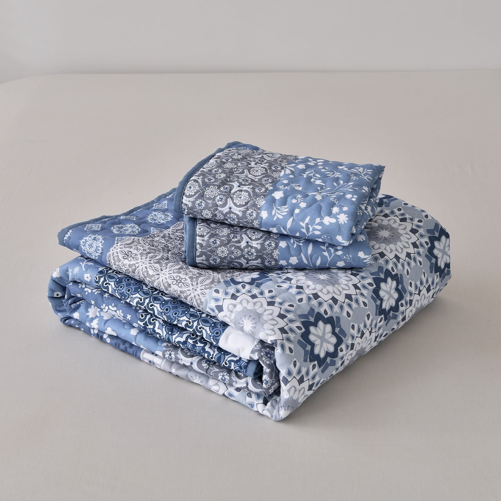 Dintszyayue 3Pcs Floral Boho Quilt Set Queen,Blue Bohemian Striped Patchwork Bedspread Adult(90"×96")