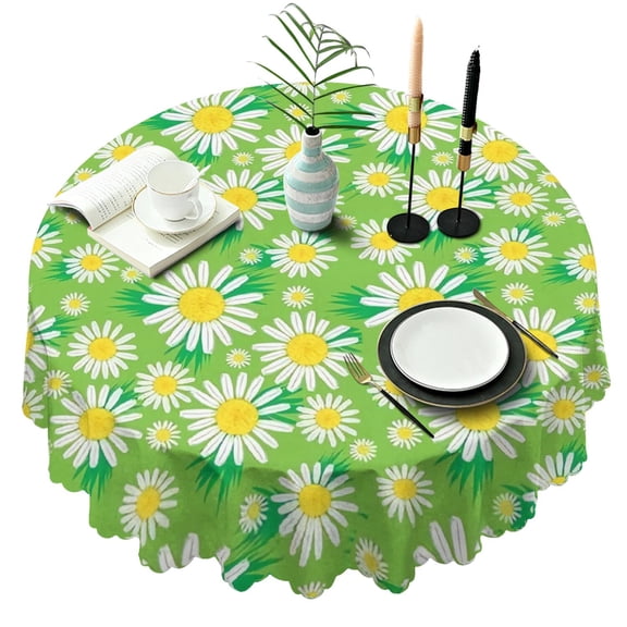 Round Tablecloth Daisy Print 60 Inch Table Cover Wrinkle Free Fabric Kitchen Dining