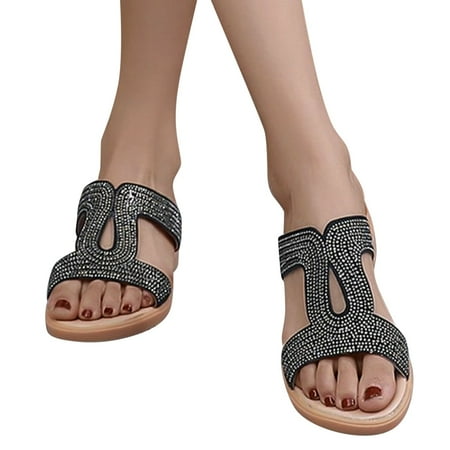 

uikmnh Women Shoes Flats Shoes Women Sandals Comfort With Elastic Ankle Strap Casual Bohemian Beach Shoes Slip On Rhinestone Sandals Women Flats Open Toe Black 8
