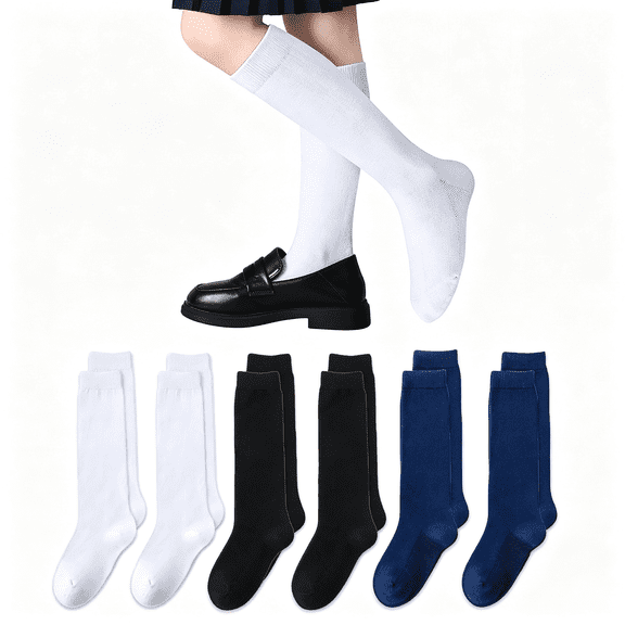 TELOLY 6 Pairs Girls Knee High Socks, Seamless Toe Cotton School Uniform Socks for Kids Age 3-15 Girls Soccer Socks, White Black Navy