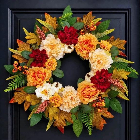 24 Inch Fall Wreaths for Front Door with Large Autumn Peony, Dahlias,White Pumpkins,Maple Leaves-Fall Door Decorations Autumn Wreaths for Home Porch Farmhouse Outdoor Indoor Thanksgiving Decor