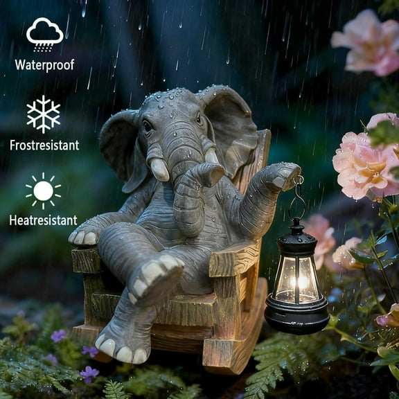 YUYAN-Elephant on Rocking Chair Garden Statue with Solar Light,Outdoor Decor Sculpture for Patio,Porch, Yard,Lawn & Home Outside | 7.68" Resin Figurine Ornament Gift for Women and Mom