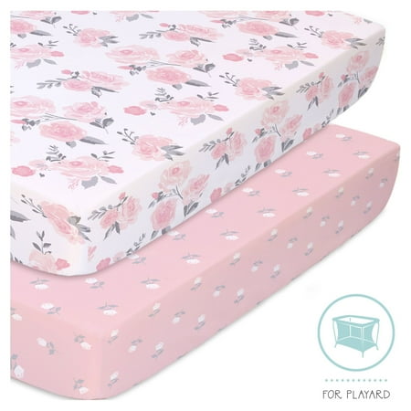 UPC: 0841297169847 | The Peanutshell Pack n Play Mini Crib Portable Crib or Fitted Playard Sheets for Baby Girls 2 Pack Set Pink Floral & Roses