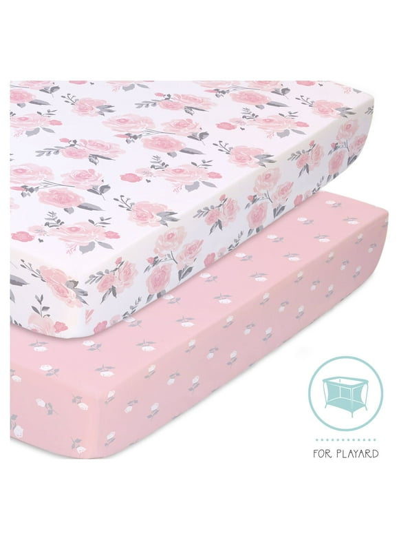 The Peanutshell Pack n Play, Mini Crib, Portable Crib or Fitted Playard Sheets for Baby Girls, 2 Pack Set, Pink Floral & Roses