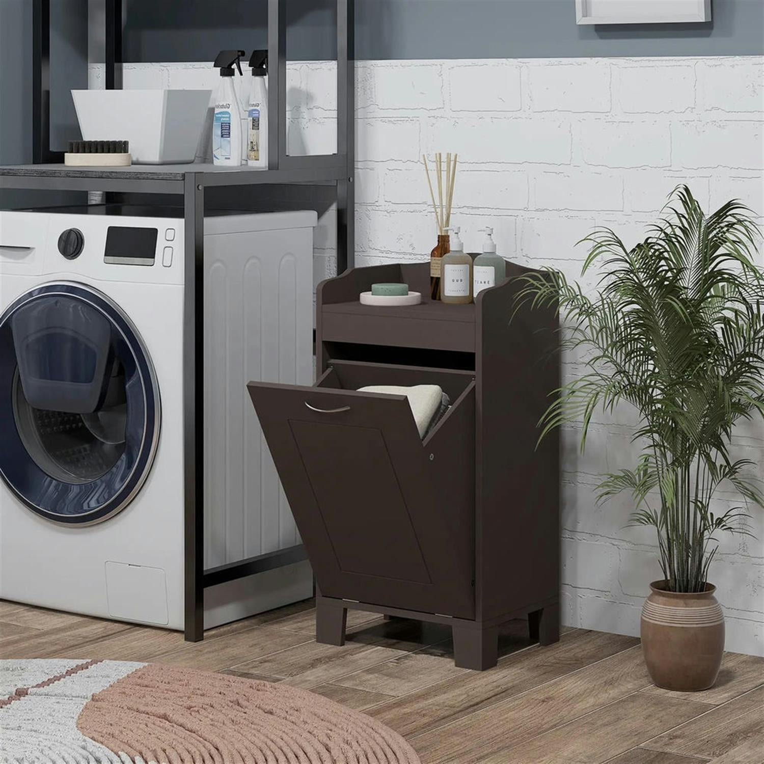 Demi Bonn 31" Bathroom Storage Cabinet with Tilt-Out Trash, Laundry Cabinet with Tilt Out Laundry Basket for Kitchen, Living Room, Brown
