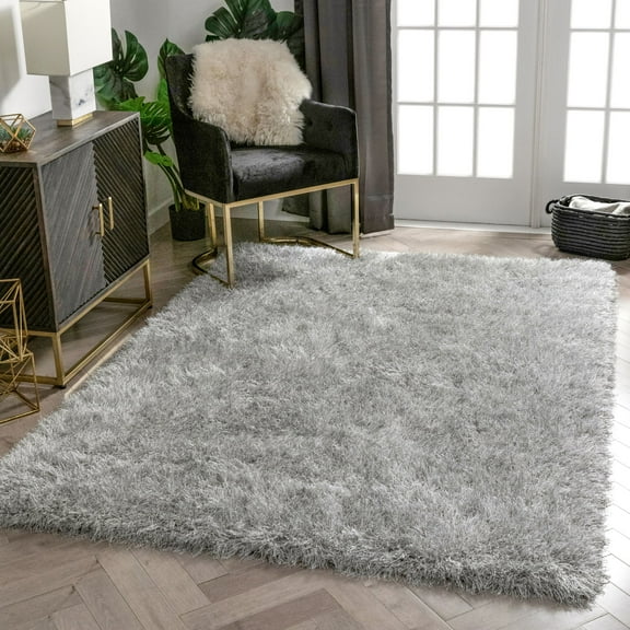 Well Woven Kuki Chie Glam Solid Textured Ultra-Soft Grey 7'10" x 9'10" Two-Tone Shag Area Rug