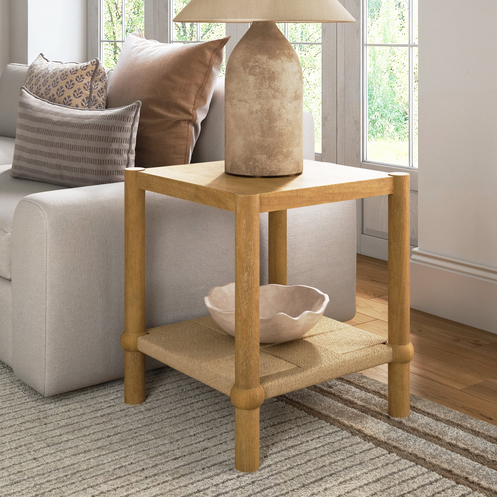 Nathan James River Modern Coastal Side Table with Solid Wood Legs and Seagrass Storage Shelf, Light Brown